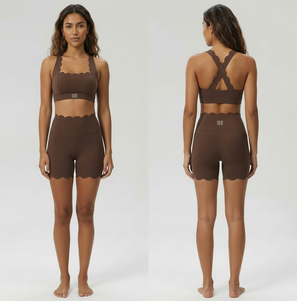 Woman wearing a brown sports bra and shorts set, shown from front and back on a white background.