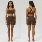 Woman wearing a brown sports bra and shorts set, shown from front and back on a white background.