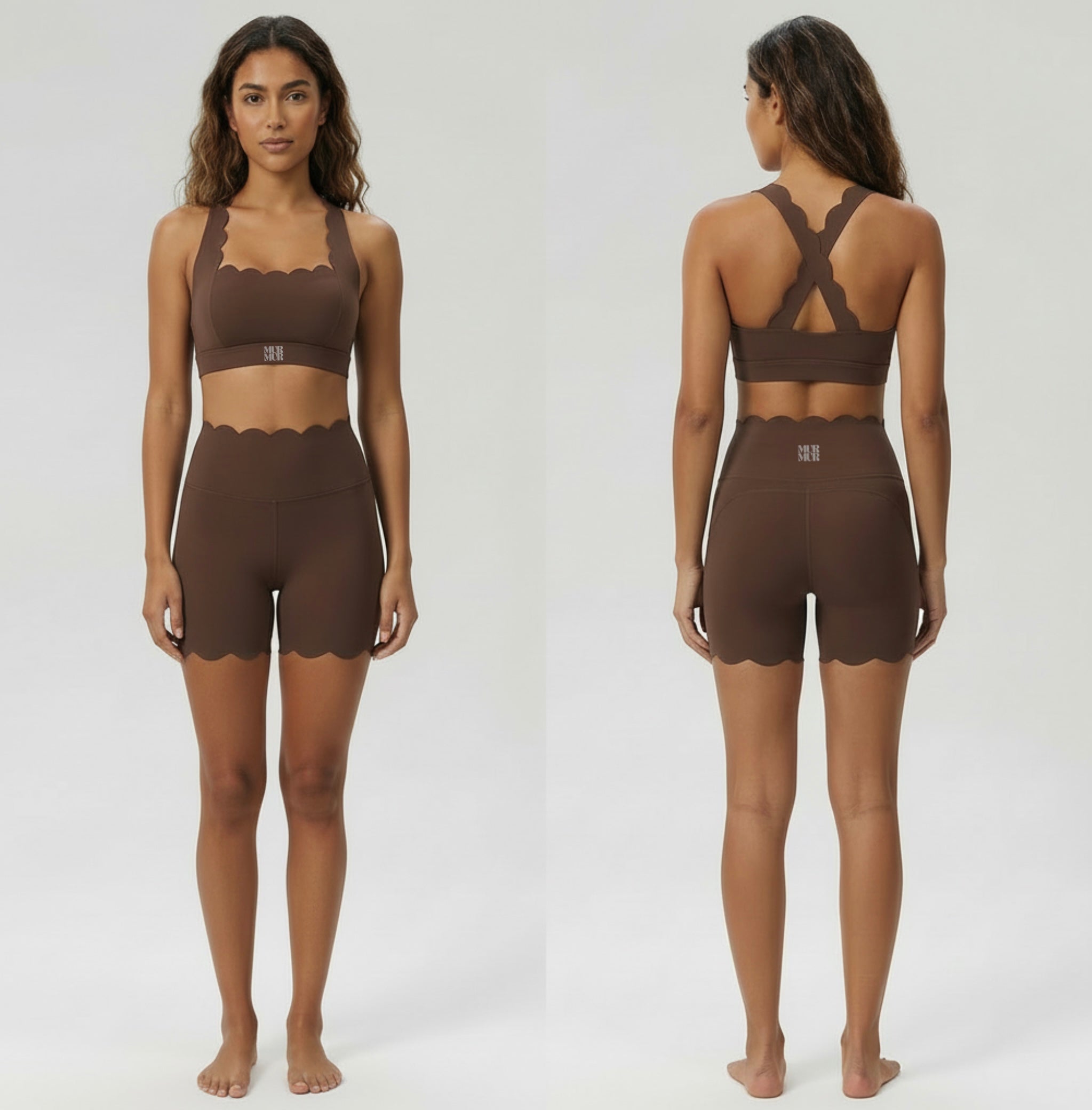 Woman wearing a brown sports bra and shorts set, shown from front and back on a white background.